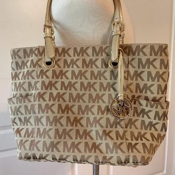 Michael Kors Jet Set Signature Logo Tote Handbag Large Brown Side Pockets - Picture 2 of 16